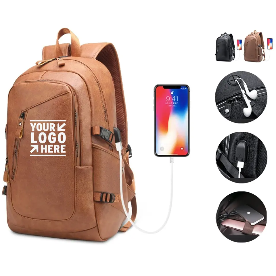 Leather Backpack with Charging Port